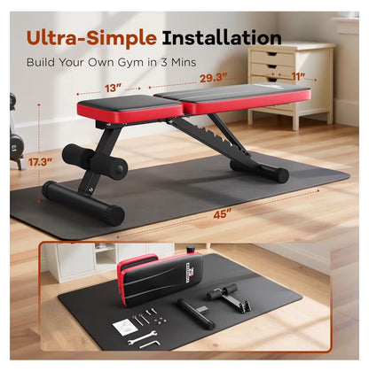 Adjustable Weight Bench for Home Gym, 660lbs Capacity Workout Bench with 8 Backrests for Chest Shoulders Arms, Compact and Foldable Strength Bench for Small Space Apartment Room (Red and Black) (New in Box)