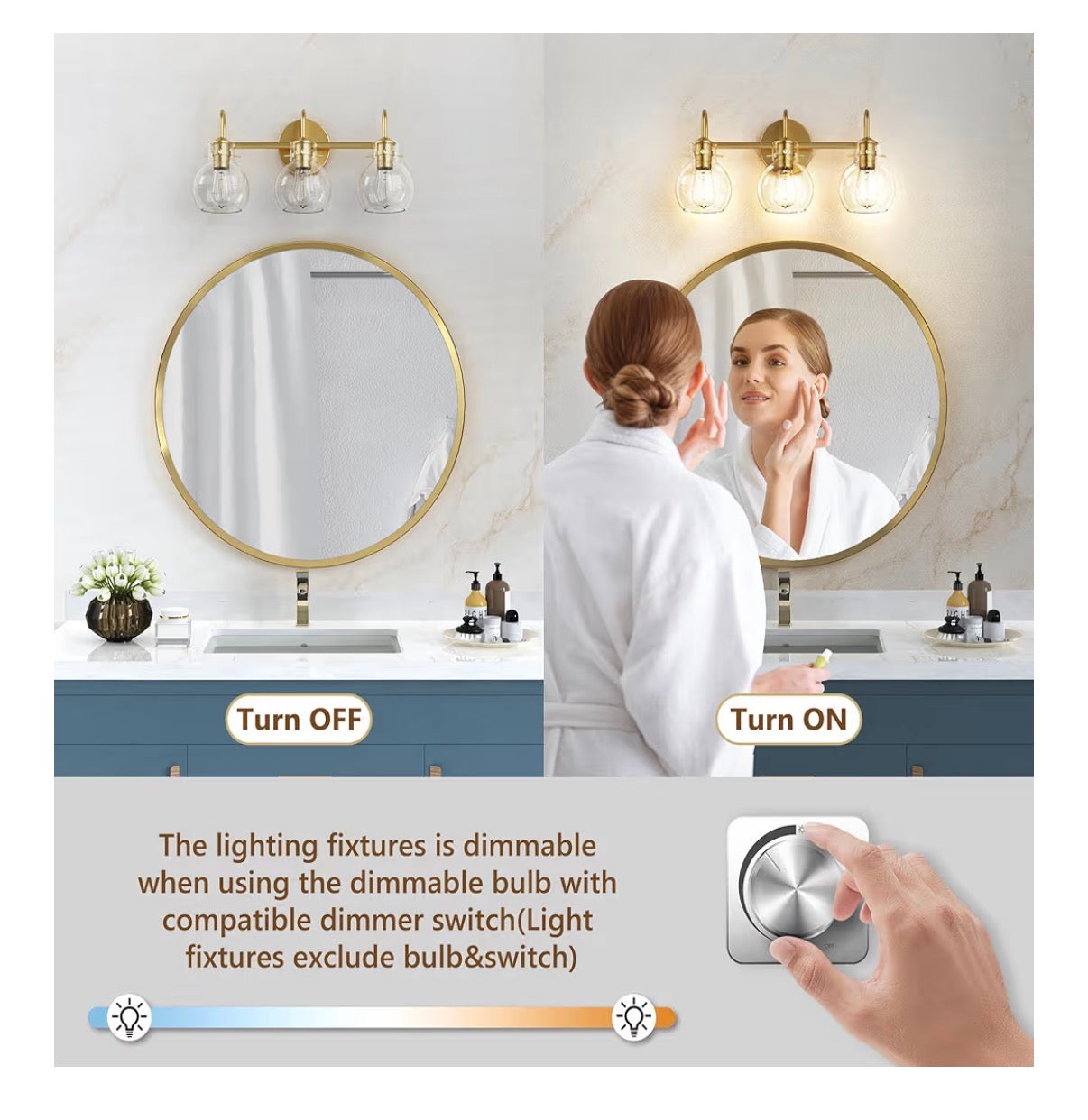 Primeplus Gold Vanity Light 3 Light Bathroom Light Fixtures, Modern Bathroom Vanity Lights Fixtures Over Mirror with Clear Gloe Glass Shade, Gold Wall Sconces for Bathroom Hallway E26 Base
