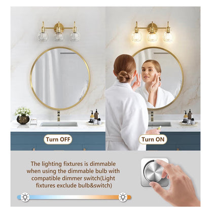 Primeplus Gold Vanity Light 3 Light Bathroom Light Fixtures, Modern Bathroom Vanity Lights Fixtures Over Mirror with Clear Gloe Glass Shade, Gold Wall Sconces for Bathroom Hallway E26 Base