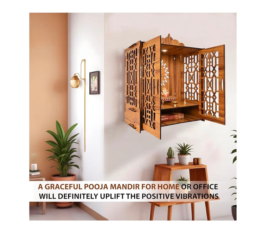 Indian Religious Wooden Temple for Poojaghar, Assembly Required, Mandir Unit with Storage Space, LED Lights and Wall Mount