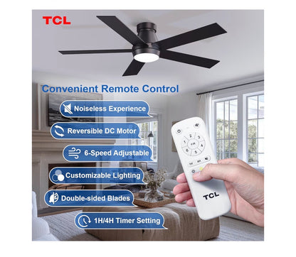 TCL 52 Inch Ceiling Fan with Lights, Blck Flush Mount Ceiling Fans with Remote Control, 6 Speeds DC Reversible, Dimmable, Noiseless, Low Profile Ceiling Fans for Bedroom (Black) (New in Box)