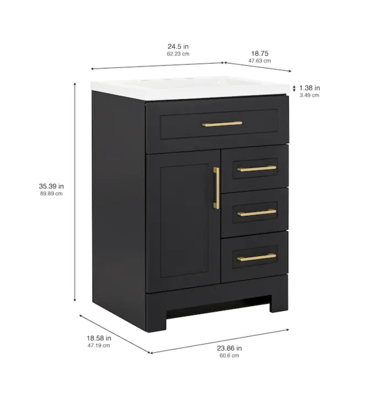 Cauley 24 Inch Black Single Sink Bathroom Vanity with White Cultured Marble Top (Fully Assembled; New in Box)
