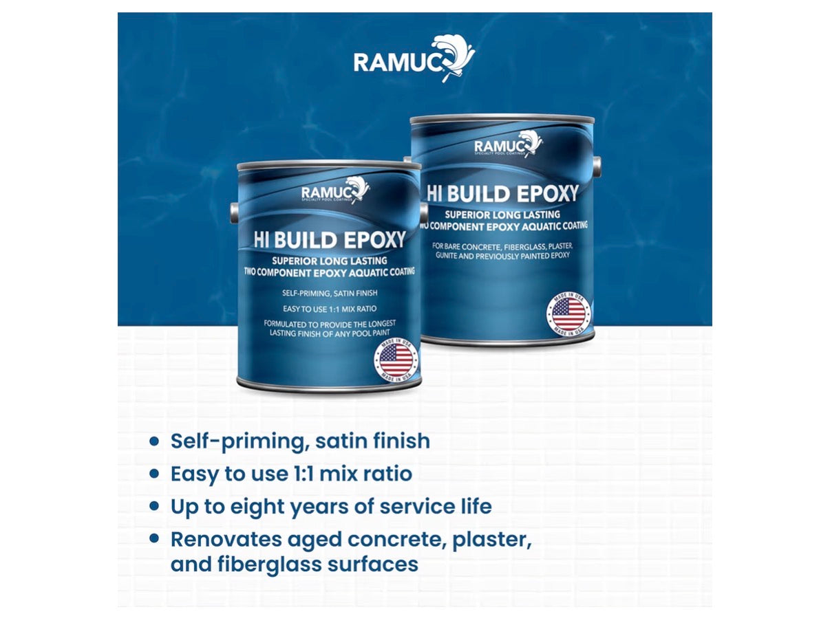 RAMUC Hi-Build Epoxy Pool Paint Satin Finish-2 Gallon Kit (Two-Part Epoxy Coating) High-Build, Durable Protection for Concrete & Plaster Pools Long Lasting (Parts A + B) (Dawn Blue)