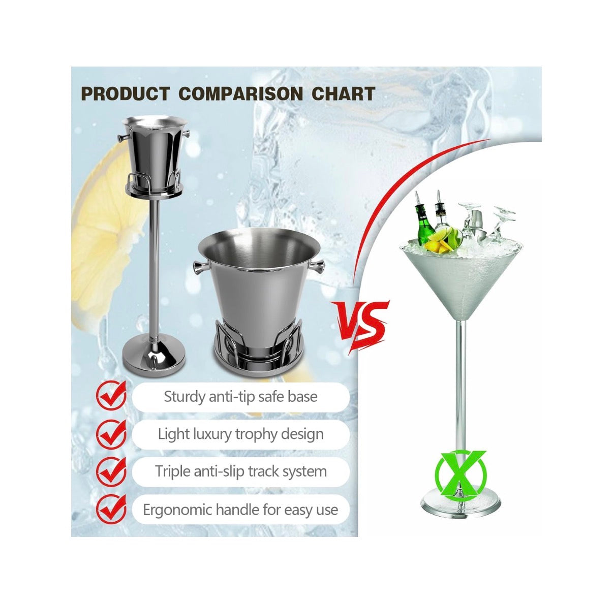 Champagne Bucket with Stand, Standing Ice Buckets 5L Wine Bucket Stand with Handles, Stainless Steel Standing Champagne Buckets Pedestal for Bar, KTV, Hotel, Party, or Gathering (New in Box)
