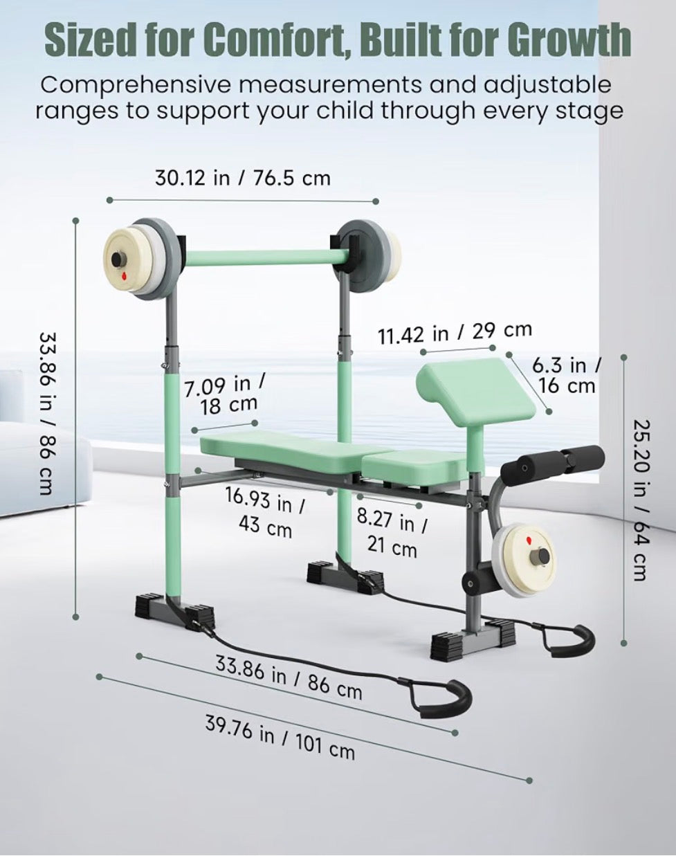 Heypappy Kids Workout Equipment - adjustable kids workout  bench with preacher pad & leg developer, fillable weight plates for home gym fitness  & exercise