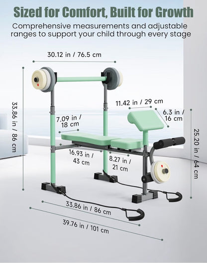 Heypappy Kids Workout Equipment - adjustable kids workout  bench with preacher pad & leg developer, fillable weight plates for home gym fitness  & exercise