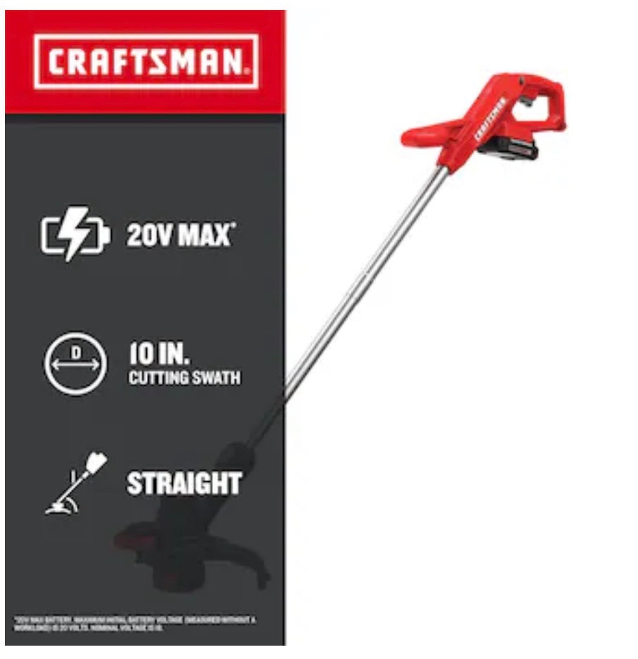 Craftsman 20 Volt Max 10 Inch Straight Shaft Battery String Trimmer Edger Conversion Capable 1.5 Ah (Battery and Charger Included) (New in Box)