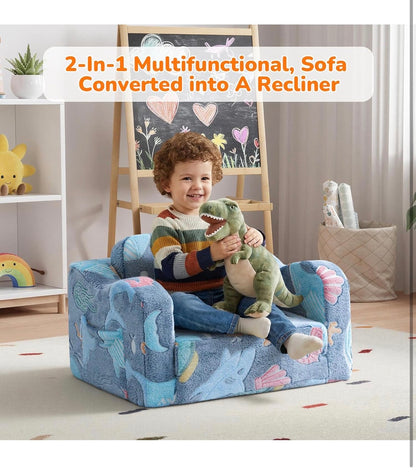 Glowing Ocean Kids Chair Glow in the Dark 2-in-1 Kids Couch Folds Out to a Floor Seat, Sea Life Foam Sofa with Seahorse Starfish Shell print, Washable Cover (New in Box)
