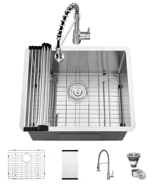 24 Inch Laundry Sink with Faucet Combo 24"X19"X13" Inch Stainless Steel Utility Sink 16 Gauge Laundry Room Sink Single Bowl Deep kitchen Sink Outdoor with Faucet Combo