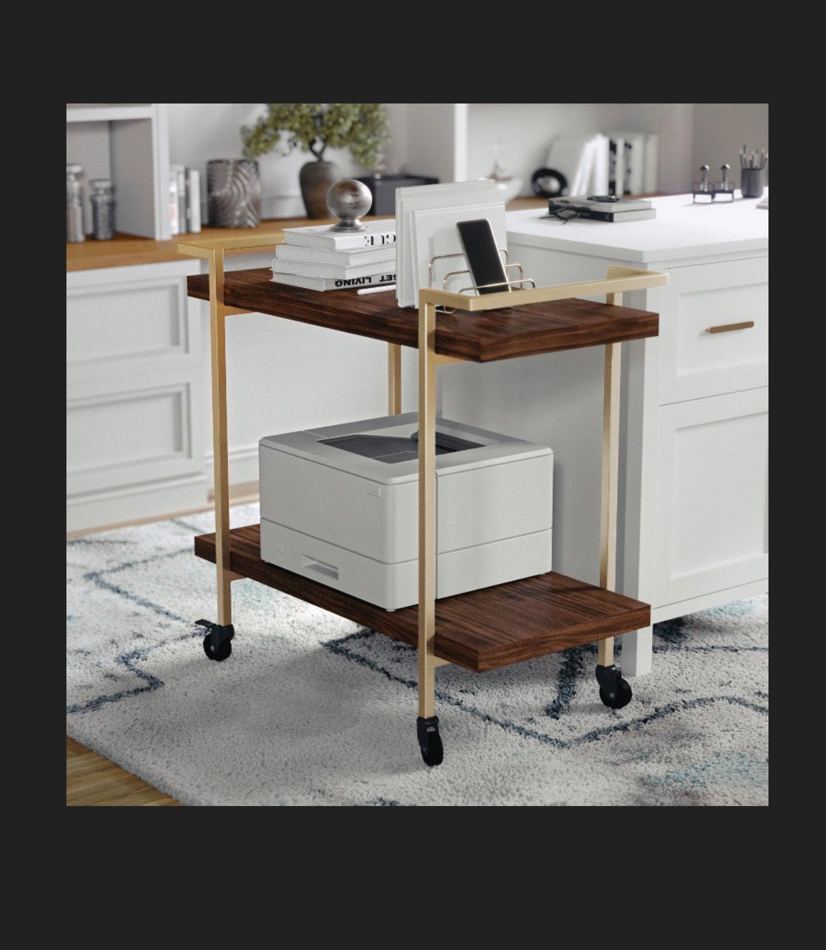 Martha Stewart 2 Tier Walnut Mobile Wood Grain Office Storage and Printer Cart with Polished Brass Frame (New in Box) (Assembly Required)