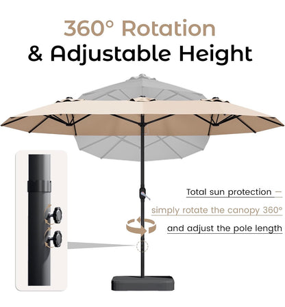 15 Ft. Patio Umbrella with Base large Double Sided Rectangular Umbrella Beige Outdoor Giant Triple Head Umbrella with Crank Handle, Market Umbrella for Poolside, Garden, Deck, Backyard and Beach (New in Box)