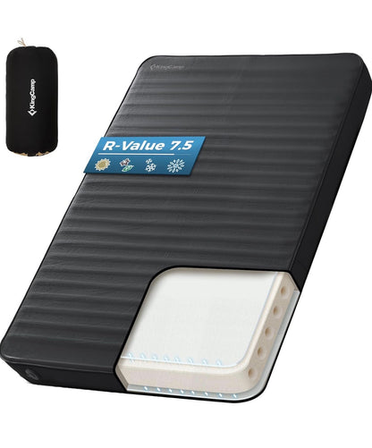 KingCamp Premium Double Self Inflating Sleeping Pad, 7.5 R-Value Air & Foam Camping Mattress 2 Person, 3 Inch thick Double Size Insulated Sleeping Pad with Pump Sack for Car Camp Tent, PVC Free (Black) (New in Package)
