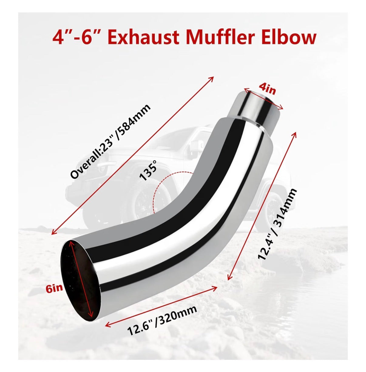 Universal 4 Inch to 6 Inch Exhaust Elbow Pipe with Steel Clamp Silver Chrome or Black Painted for Car, Truck & Diesel (New in Box)