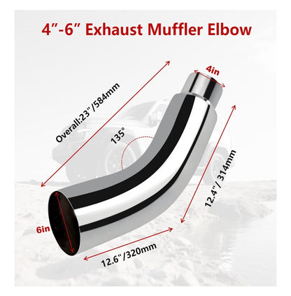 Universal 4 Inch to 6 Inch Exhaust Elbow Pipe with Steel Clamp Silver Chrome or Black Painted for Car, Truck & Diesel (New in Box)