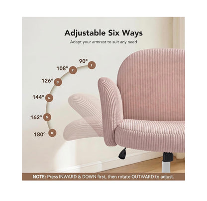 Criss Cross Office Chair, Cross Legged Desk Chair with Adjustable Armrests, Soft Corduroy Fabric for Small Spaces, Home Office Computer Chair (Pink/White) (New in Box)