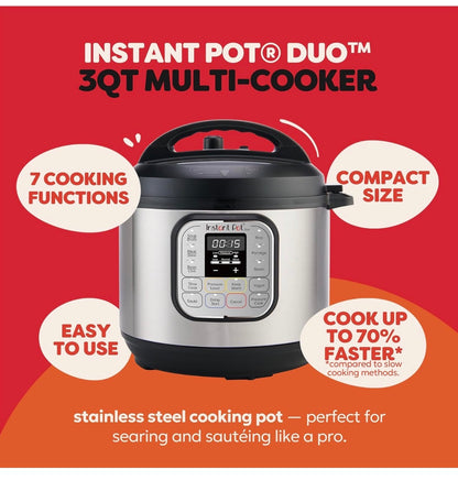 Instant Pot Duo 7-in-1 Mini Electric Pressure Cooker, Slow Rice Cooker, Steamer, Saute, Yogurt Maker, Warmer & Sterilizer Stainless Steel 3 Quart (New in Box)