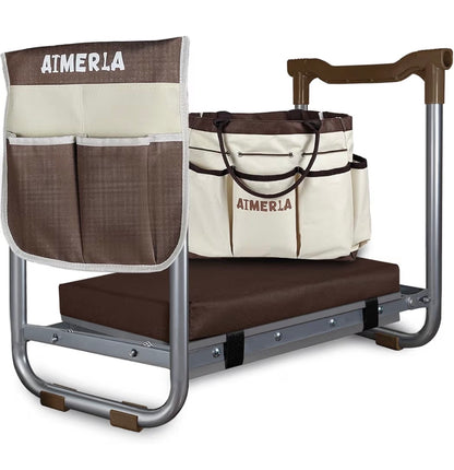 Foldable Kneeler Seat Heavy Duty (Detachable Cloud Kneeler Pad) Garden Stool 2 Large Tool Bags Portable Bench for Indoor/Outdoor (Brown) (New in Box)