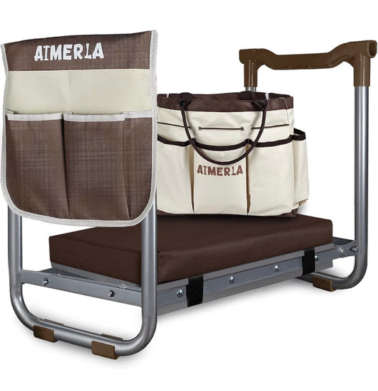 Foldable Kneeler Seat Heavy Duty (Detachable Cloud Kneeler Pad) Garden Stool 2 Large Tool Bags Portable Bench for Indoor/Outdoor (Brown) (New in Box)