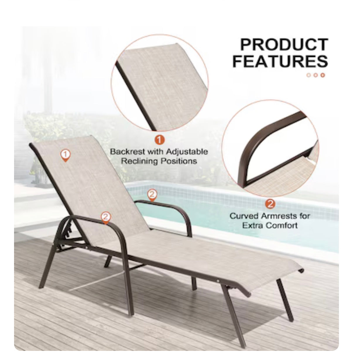 Crestlive Products Set of 2 Stackable Brown Steel Frame Stationary Chaise Lounge Chair with Beige Textilene Mesh Seat