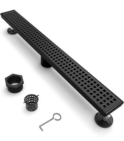 Baronage 24 Inch Linear Shower Drain, Square Grate, Matte Black V-Shaped Rapid Linear Drain, Rustproof, Hair Cather, 304 Stainless Steel Rectangle Shower Floor Drain for Bathroom (New in Box)