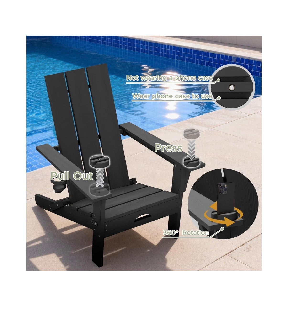 Folding Adirondack Chairs Set of 2, All Weather Outdoor Patio Chairs with Cup Holder and 360 Degrees Rotating Multifunctional Holder, Plastic Fire Pit Chairs for Backyard (Black) (New in Box)