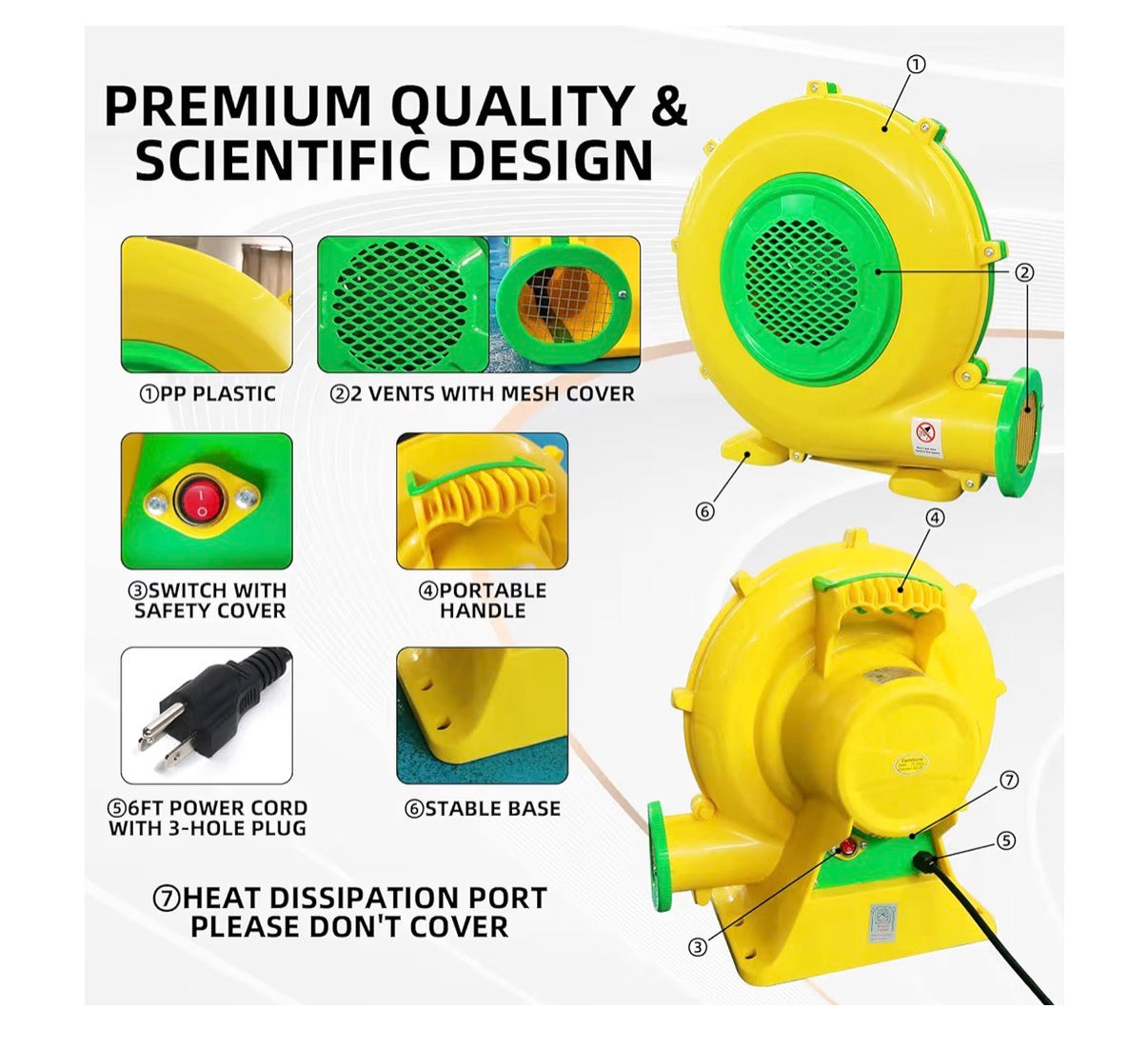 Air Blower for Inflatables, 950 Watt 1.25 HP Bounce House Bubble House Blower Electric Fan Pump, for Outdoor Inflatable Paint Booth Water Slide, Bouncy Castle, Jumper Corded (Yellow) (New in Box)