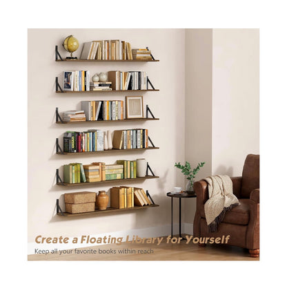Forbena 48 Inch Floating Shelves for Wall Long Set of 3. Large Wooden Wall Bookshelf for Bedroom Books, Rustic Wood Hanging Bookshelves for Living Room Laundry Closet Kitchen Storage (Dark Brown) (New in Box)