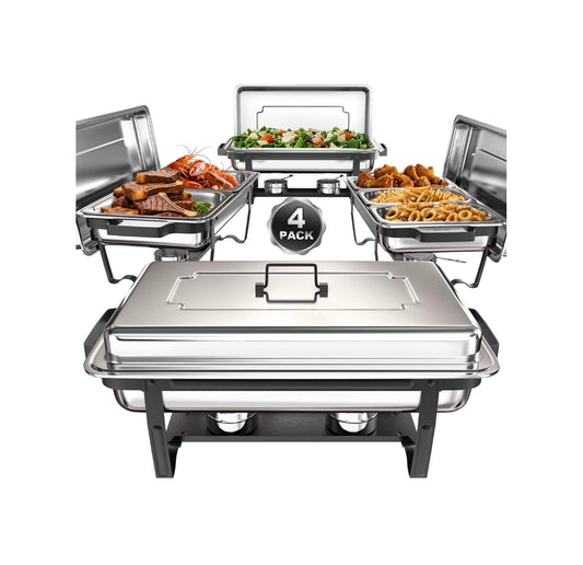 Chafing Dishes for Buffet 9 Qt 4 Pack with Multi-Size Food Pans Screwless Installation Chafing Dish Buffet Set, Foldable Handles Stacking Design, Stainless Steel for Events (New in Box)