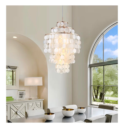 Capiz Shell Chandelier 18 Inch Gold Coastal Chandelier Light Fixture with 4 Lights Capiz Seashell Pendant for living Room Foyer, Kitchen Island Entryway, Dining Room Bedroom, LED Bulb Included (New in Box)
