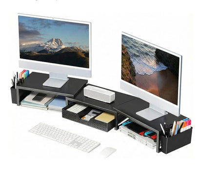 Desk Organizers and Accessories, Dual Monitor Stand Riser with Drawer and 2 Pen Holders, Desk Shelf Computer Racks & Printer Stand for Office Workspace Organizers, Desktop Organization (Black) (new in Box)