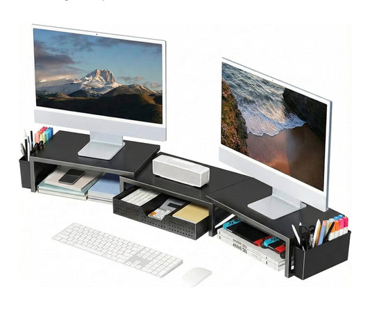 Desk Organizers and Accessories, Dual Monitor Stand Riser with Drawer and 2 Pen Holders, Desk Shelf Computer Racks & Printer Stand for Office Workspace Organizers, Desktop Organization (Black) (new in Box)