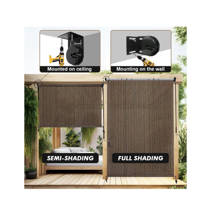Outdoor Roller Shade 9ft width X 8ft Height, Mocha Exterior Cordless Patio Shades Roll Up Blinds with Spliced Pole Design, One Piece Fabric