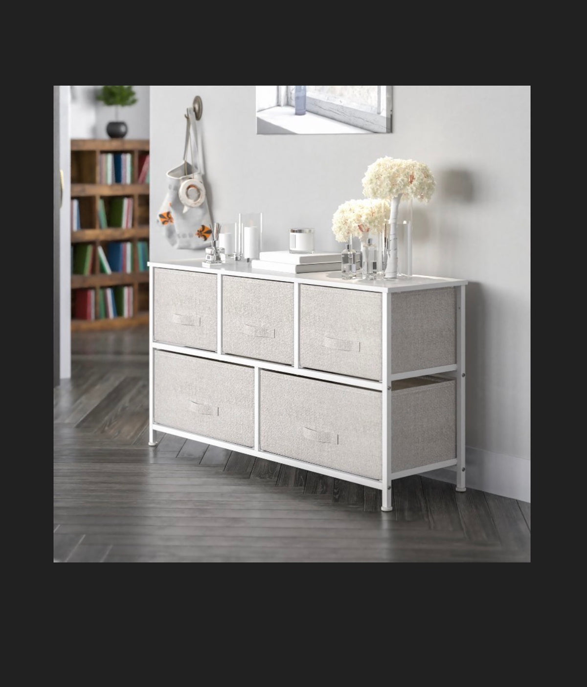 Flash Furniture 5 Drawer Wood Top White Cast Iron Frame Vertical Storage Dresser with Light Gray Easy Pull Fabric Drawers