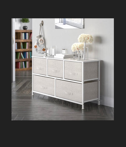 Flash Furniture 5 Drawer Wood Top White Cast Iron Frame Vertical Storage Dresser with Light Gray Easy Pull Fabric Drawers