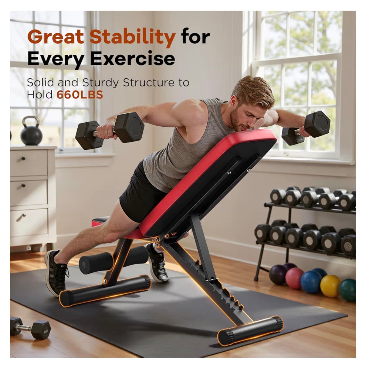 Adjustable Weight Bench for Home Gym, 660lbs Capacity Workout Bench with 8 Backrests for Chest Shoulders Arms, Compact and Foldable Strength Bench for Small Space Apartment Room (Red and Black) (New in Box)