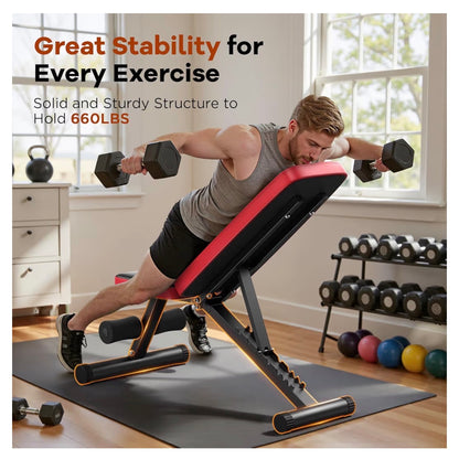 Adjustable Weight Bench for Home Gym, 660lbs Capacity Workout Bench with 8 Backrests for Chest Shoulders Arms, Compact and Foldable Strength Bench for Small Space Apartment Room (Red and Black) (New in Box)