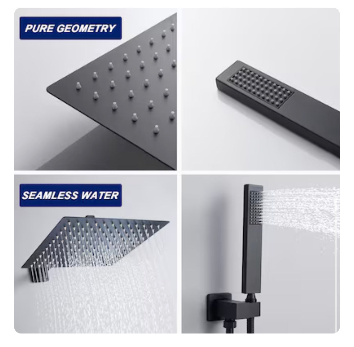 Modern Matte Black 12 Inch Dual Head Built In Shower Faucet System with 2 Way Diverter Pressure Balanced Valve Included