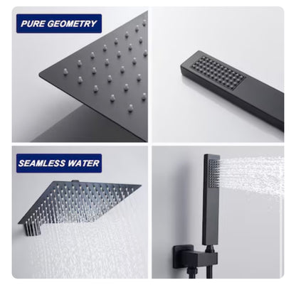 Modern Matte Black 12 Inch Dual Head Built In Shower Faucet System with 2 Way Diverter Pressure Balanced Valve Included