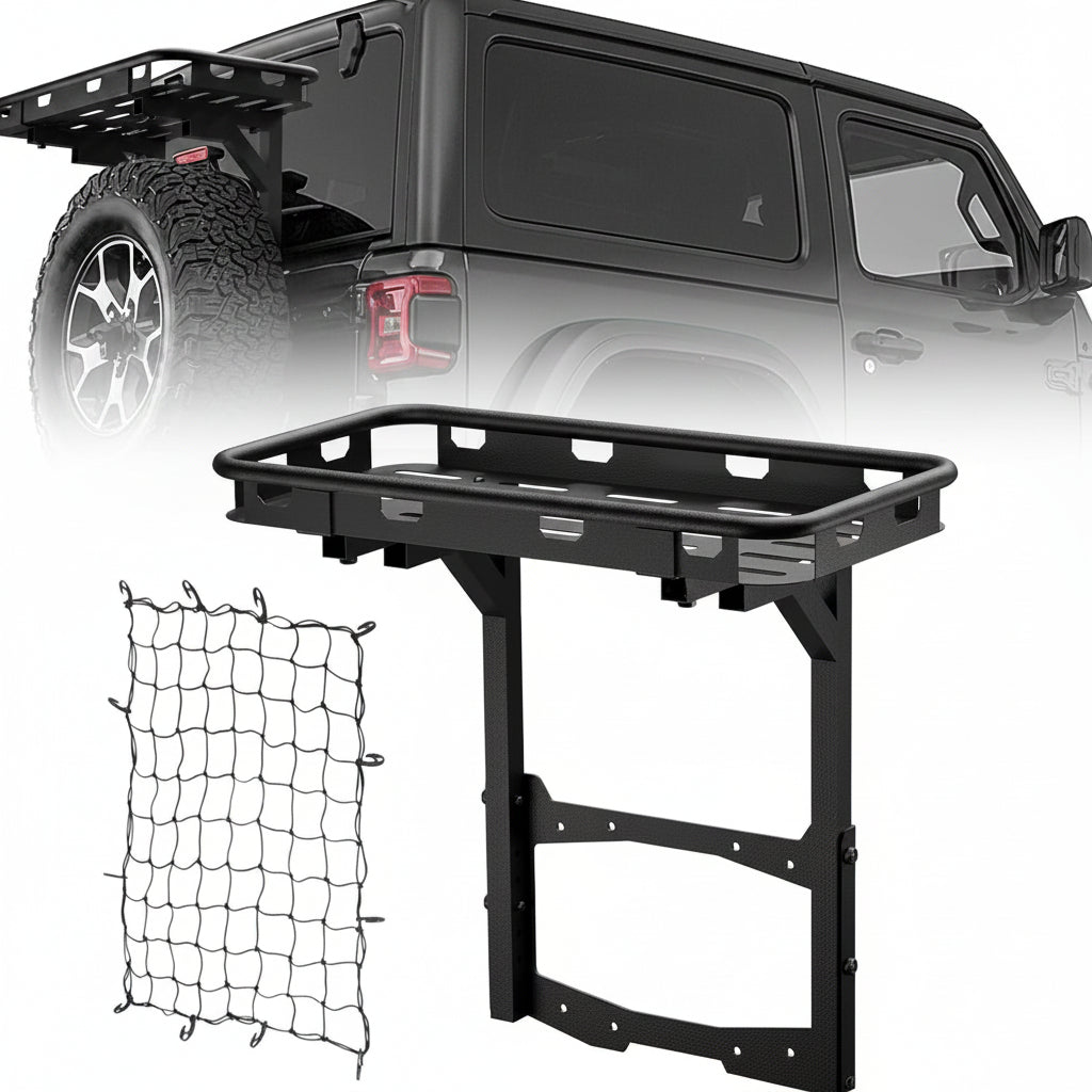 (New)  EYOUHZ for Wrangler JL Spare Tire Cargo Rack Rear Luggage Basket on OE Tailgate