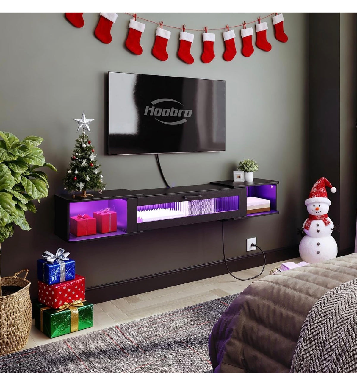 Floating Tv Stand with LED Light Power Outlet for TVs Up to 65 Inch Wall mounted TV Shelf, Modern Media Console Entertainment Center Under TV, for Living Room Bedroom (Black) (New in Box)