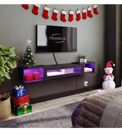 Floating Tv Stand with LED Light Power Outlet for TVs Up to 65 Inch Wall mounted TV Shelf, Modern Media Console Entertainment Center Under TV, for Living Room Bedroom (Black) (New in Box)