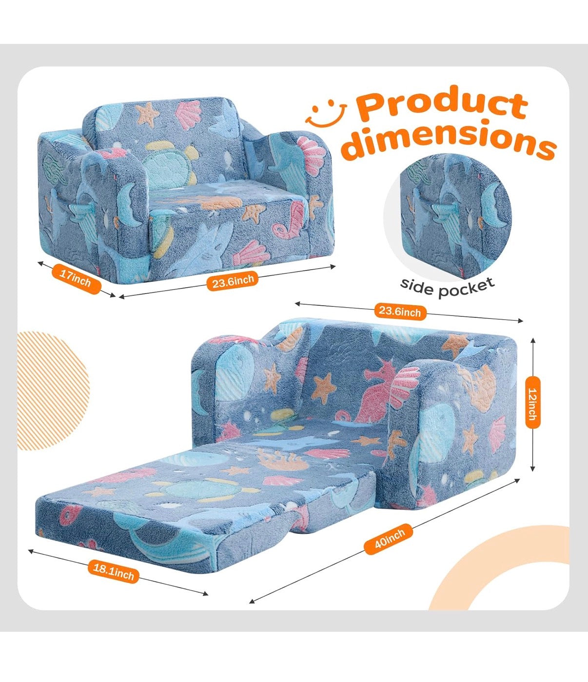 Glowing Ocean Kids Chair Glow in the Dark 2-in-1 Kids Couch Folds Out to a Floor Seat, Sea Life Foam Sofa with Seahorse Starfish Shell print, Washable Cover (New in Box)