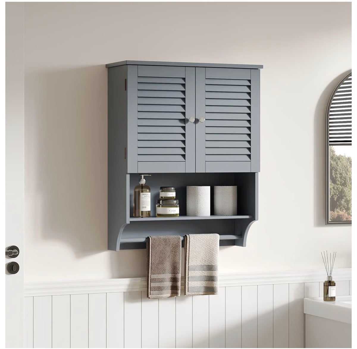 Bathrrom Wall Cabinet with Towel Bar and Ample Storage 23.6 Inch Length X 8.8 Inch Width X 29.5 Inch Height Medicine Cabinet, Over the Toilet Space Saver Storage Cabinet with Adjustable Shelf (Gray) (New in Box)