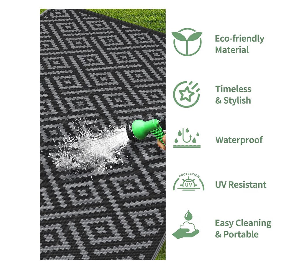 GENIMO Outdoor Rug, Waterproof Plastic Rugs 10 Ft. X 20 Ft. for Camping (Black/Gray) (New in Package)