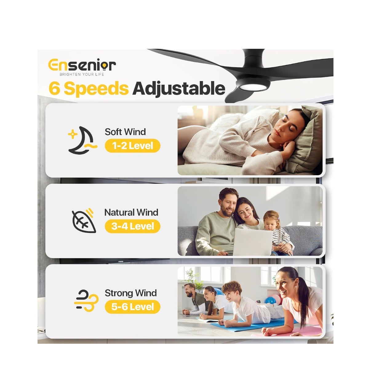 Ensenior 52 Inch Flush Mount Ceiling Fans with Lights and Remote Quiet Reversible Motor, 3 ABS Blades, 6 Speeds, 3 CCT Mute Mode, Low Profile, Memory Function, 1/2/4 Hour Timer (Black) (New in Box)