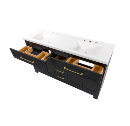 Cauley 60 Inch Black Double Sink Bathroom Vanity with White Cultured Marble Top (New in Box)