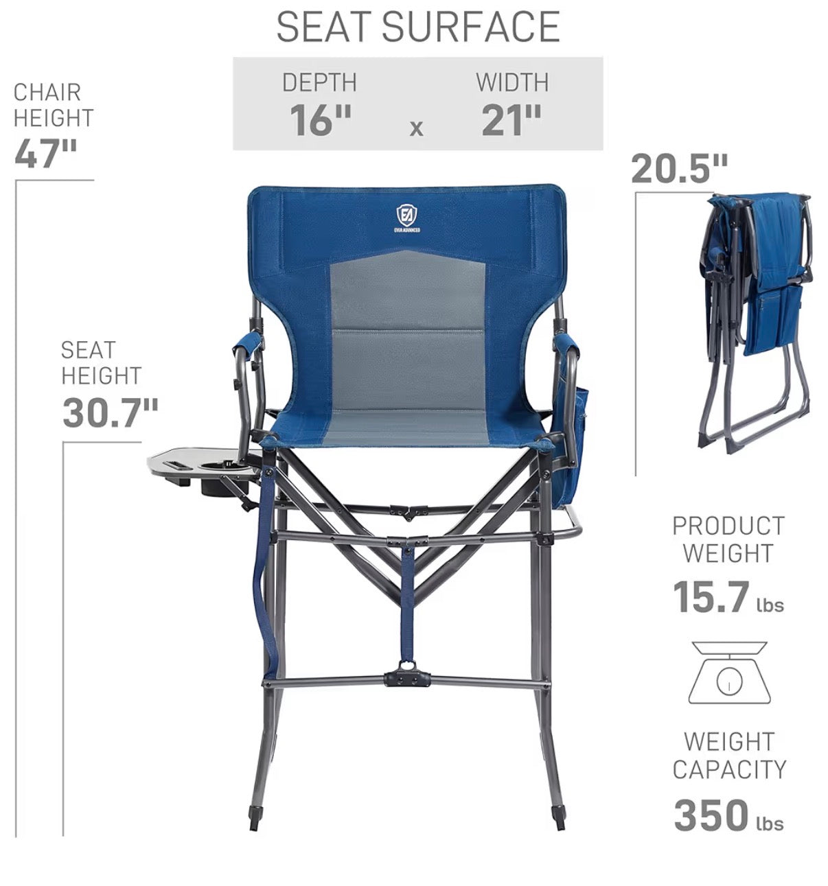 Ever Advanced Portable 30.7 inch Seat Height Tall Folding Camping Chair