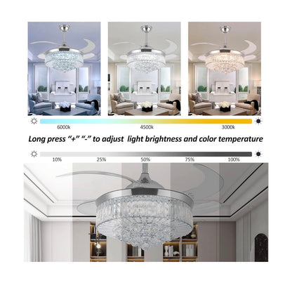 42 Inch Crystal Ceiling Fan with Light, Silvery Chandelier Fan with Remote, 6 Speeds, 3 Colors Changes, 4 Blades Rectangle Ceiling Fan for Bedroom, Living Room, Dining Room (Silver) (New in Box)