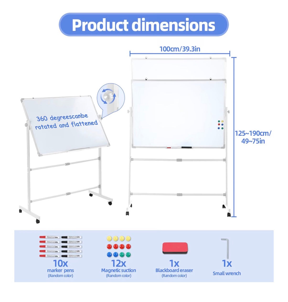 Rolling White Board 28 Inch X 40 Inch, Double Sided Magnetic Easel Whiteboard Height Adjustable 40 Inch - 75 Inch, Mobile Dry Erase Board with Stand, 4 Silent Wheels, 10 Markers, 2 Erasers, 12 Magnets for Office, Classroom (New in Box)
