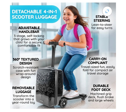 TeenTotes 4-in-1 Kids Scooter Luggage Detachable Ride-On Suitcase & Carry-On Luggage Folding Travel Scooter with Adjustable Handlebar & Brake (Black) (New in Box)